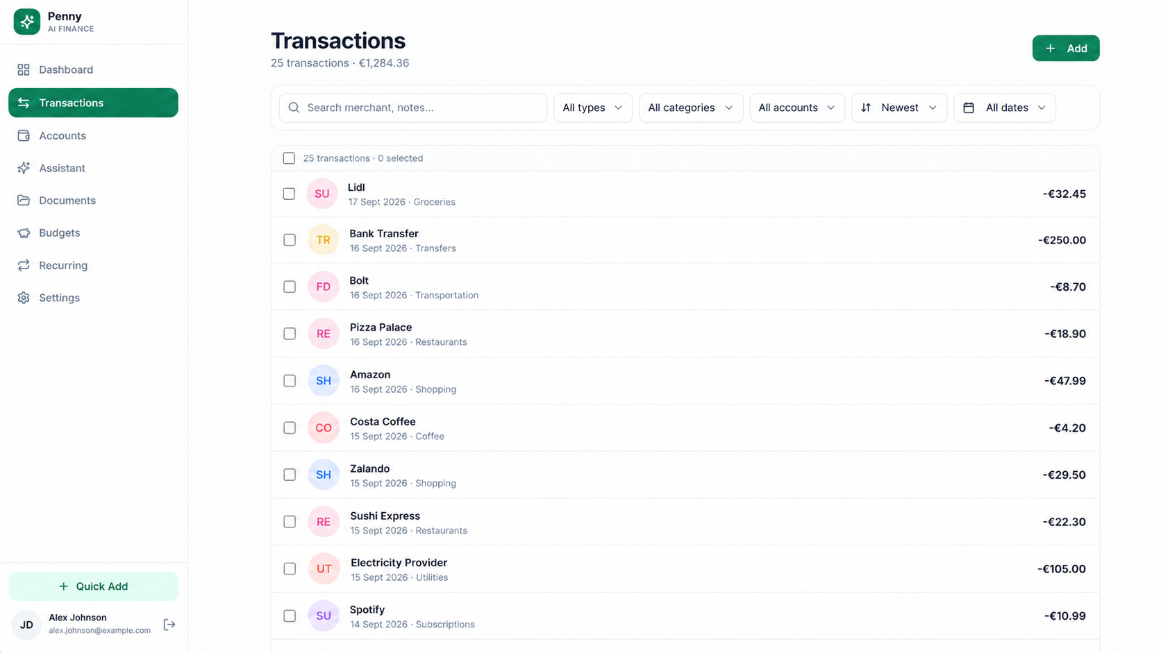 Transactions screen