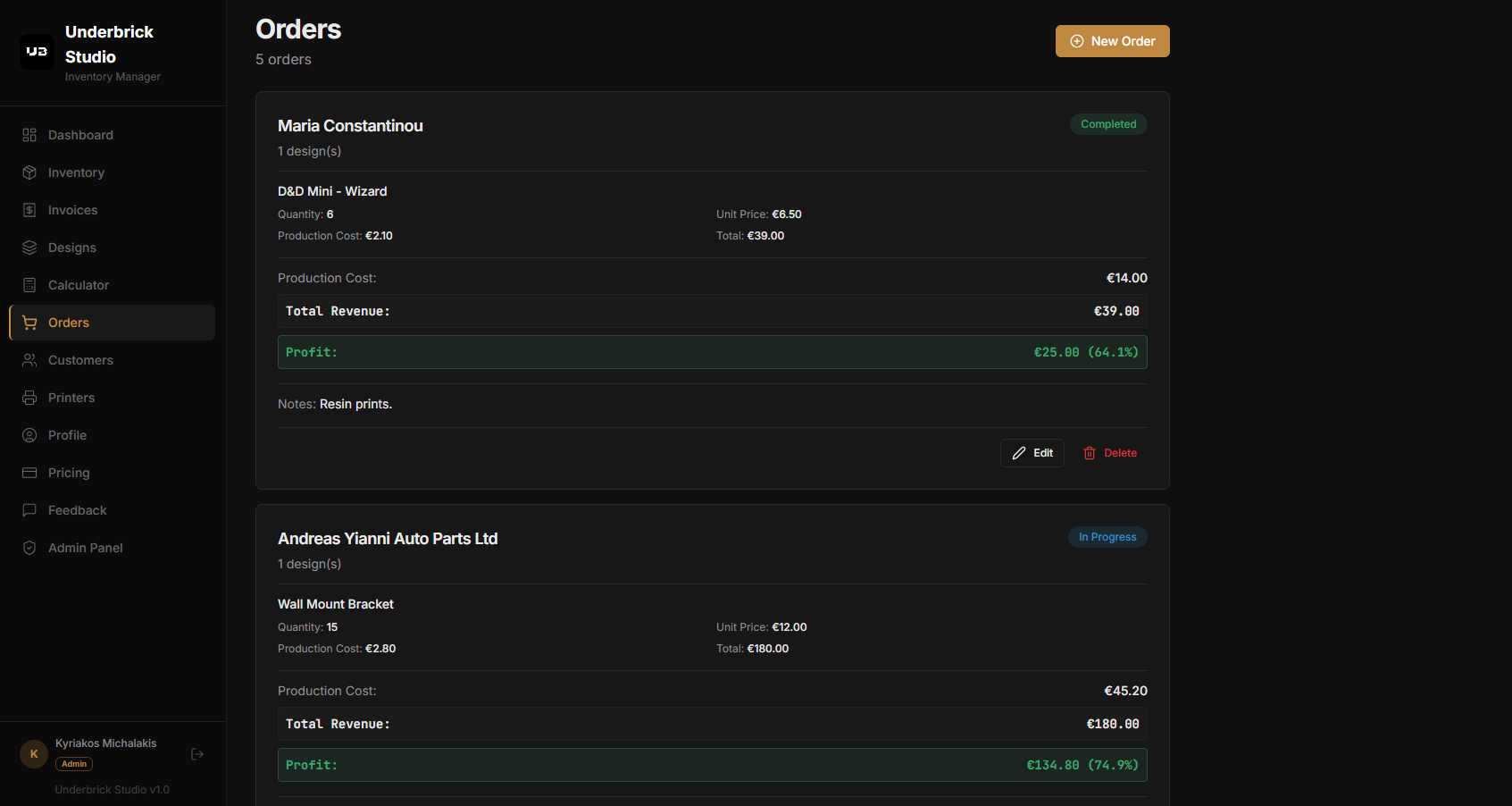 Orders screen