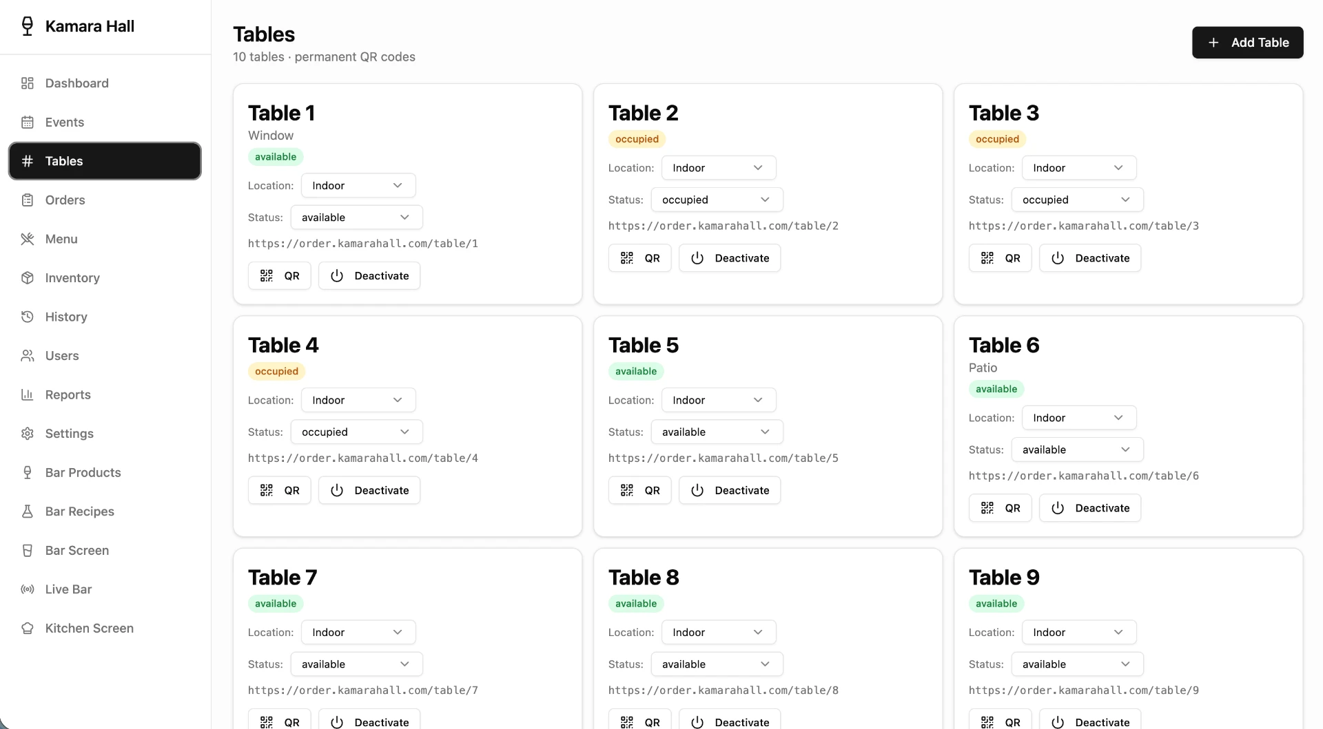 Tables screen