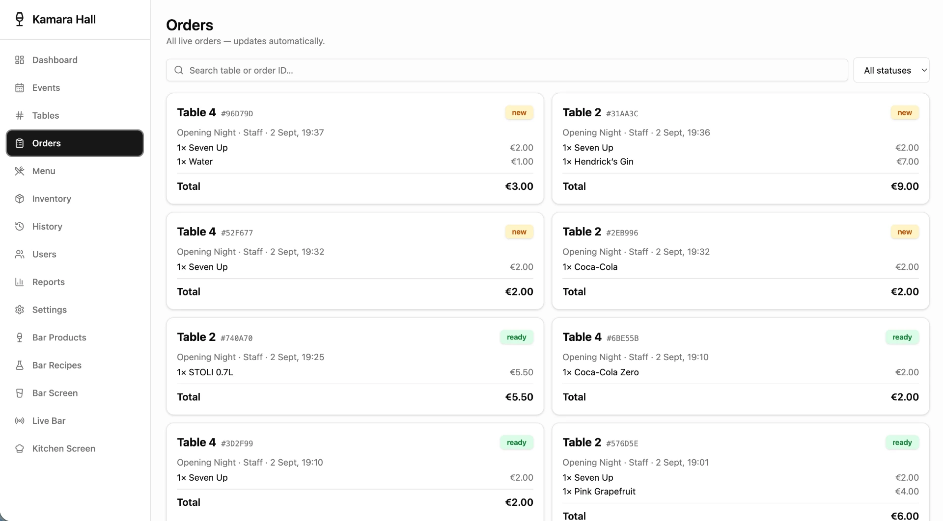 Orders screen