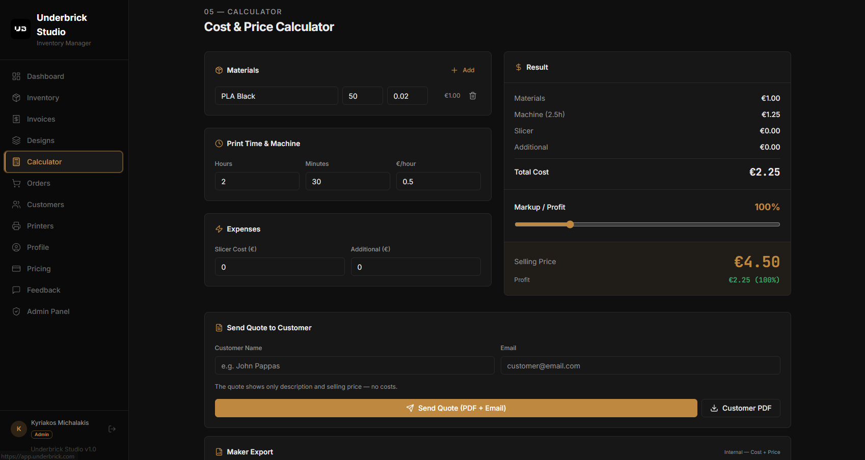 Cost & Price Calculator screen